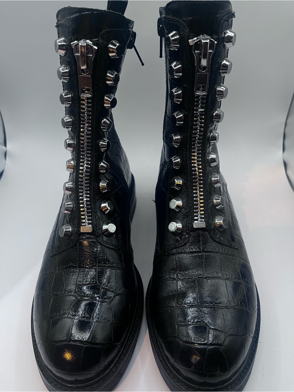 Jeffrey Campbell Black Croc-Embossed Zip Studded Combat Boots 6.5